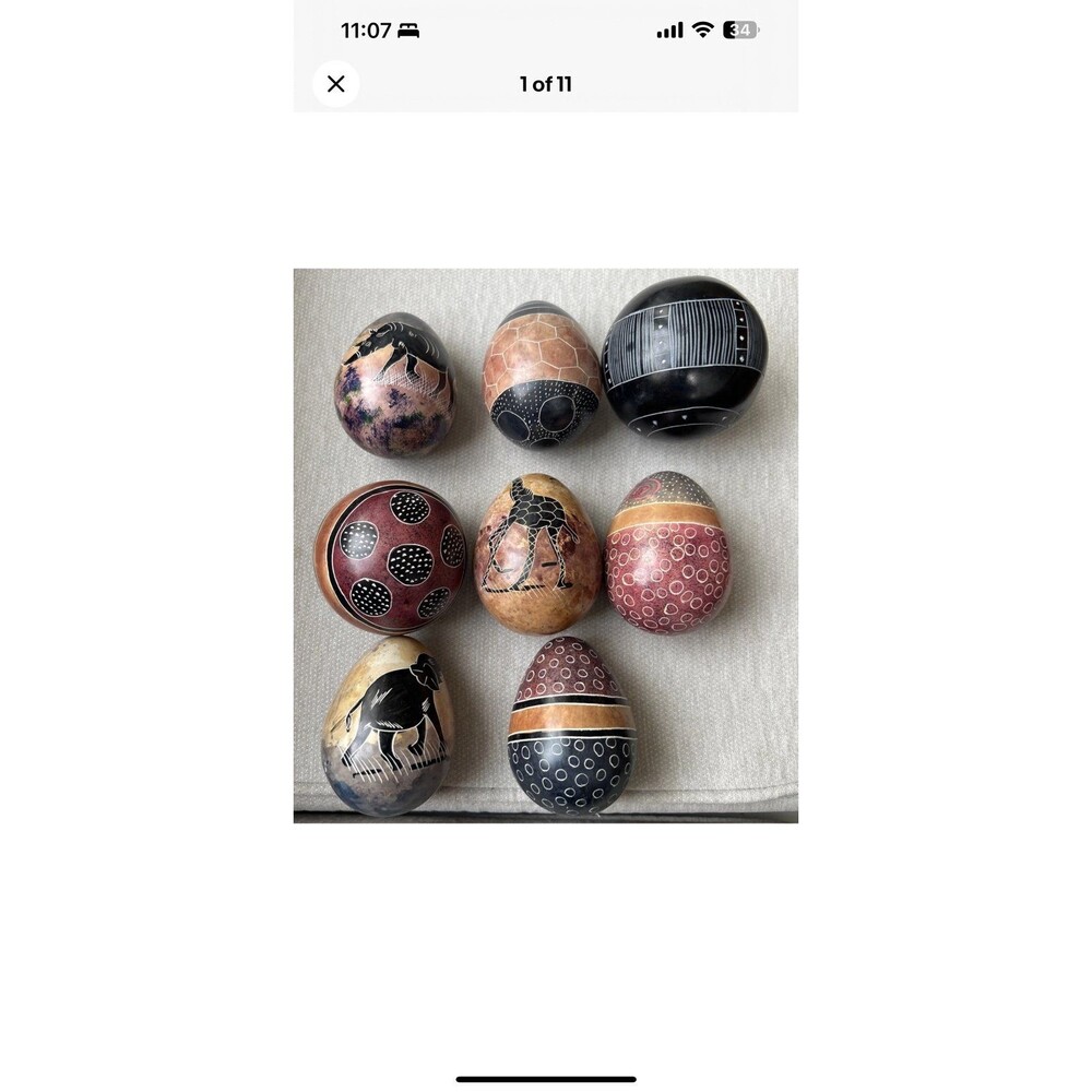 African Soap Stone Egg/Ball Hand Painted Giraffe, Elephant, Rhinoceros Set/8